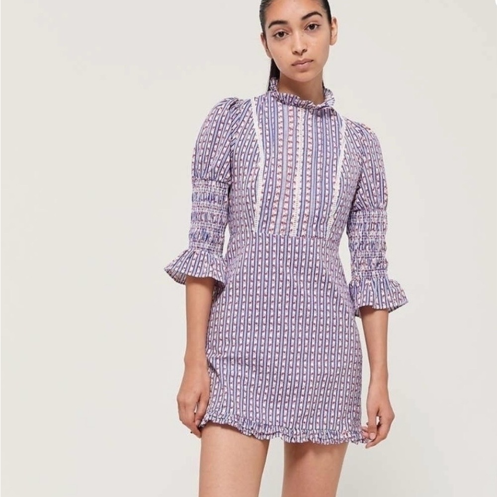 Laura Ashley x Urban Outfitters Floral Mock Neck Smocked Ruffle Mini Dress Sz XS - Picture 1 of 16